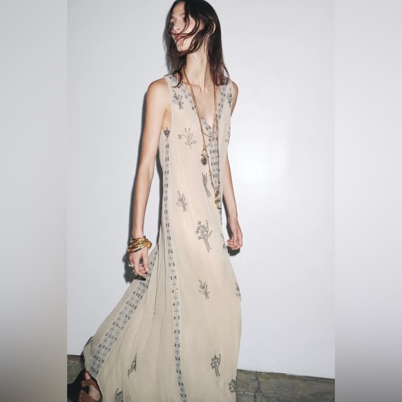 Zara zw collection gray beaded Floral Maxi Dress - Picture 4 of 9
